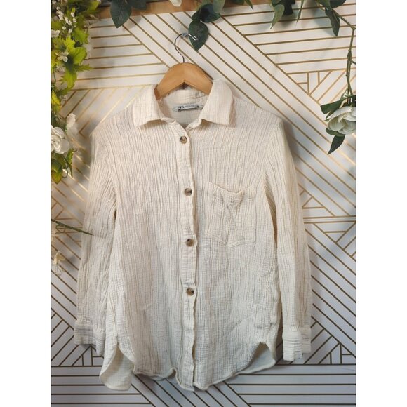 ZARA Women's Lightweight Gauze Button Front Peasant Blouse Cream Beig Size SMALL - Picture 2 of 6